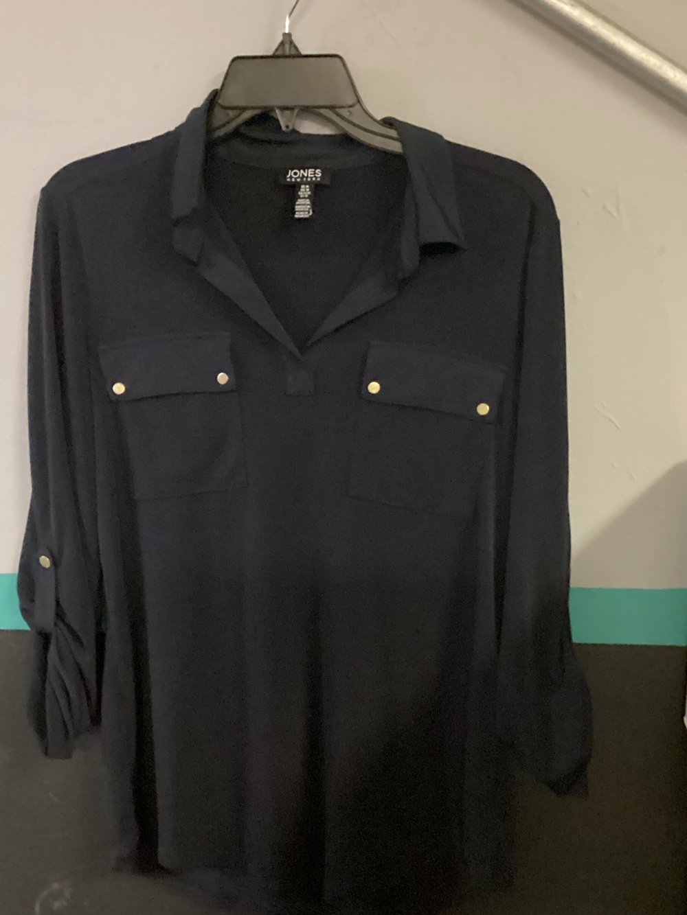 Jones New York Black Button-Front Pocket Tunic with Gold Accents